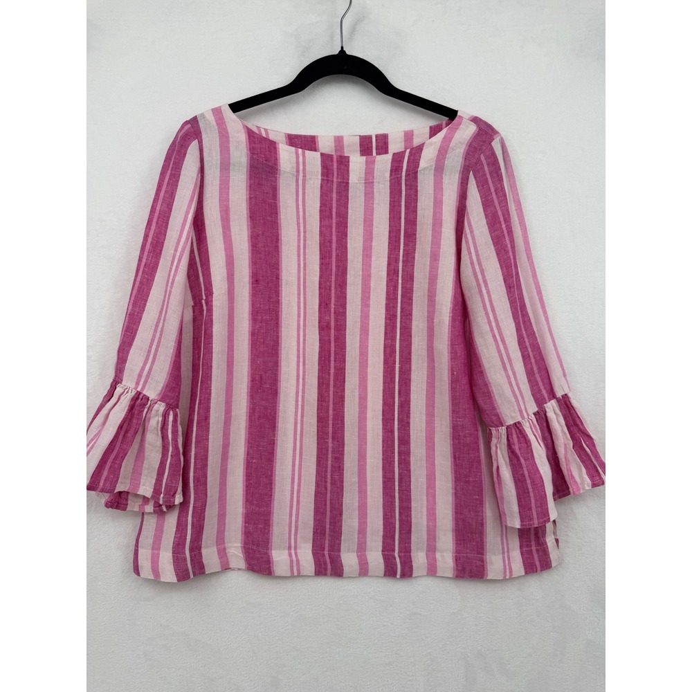 Charter Club Pink White Striped 100% Linen Ruffle Bell Sleeve Top S Chic Preppy